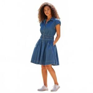Free People Chester Mini Dress Montauk Blue Denim Puff Sleeve Ruched Sz  L # 737